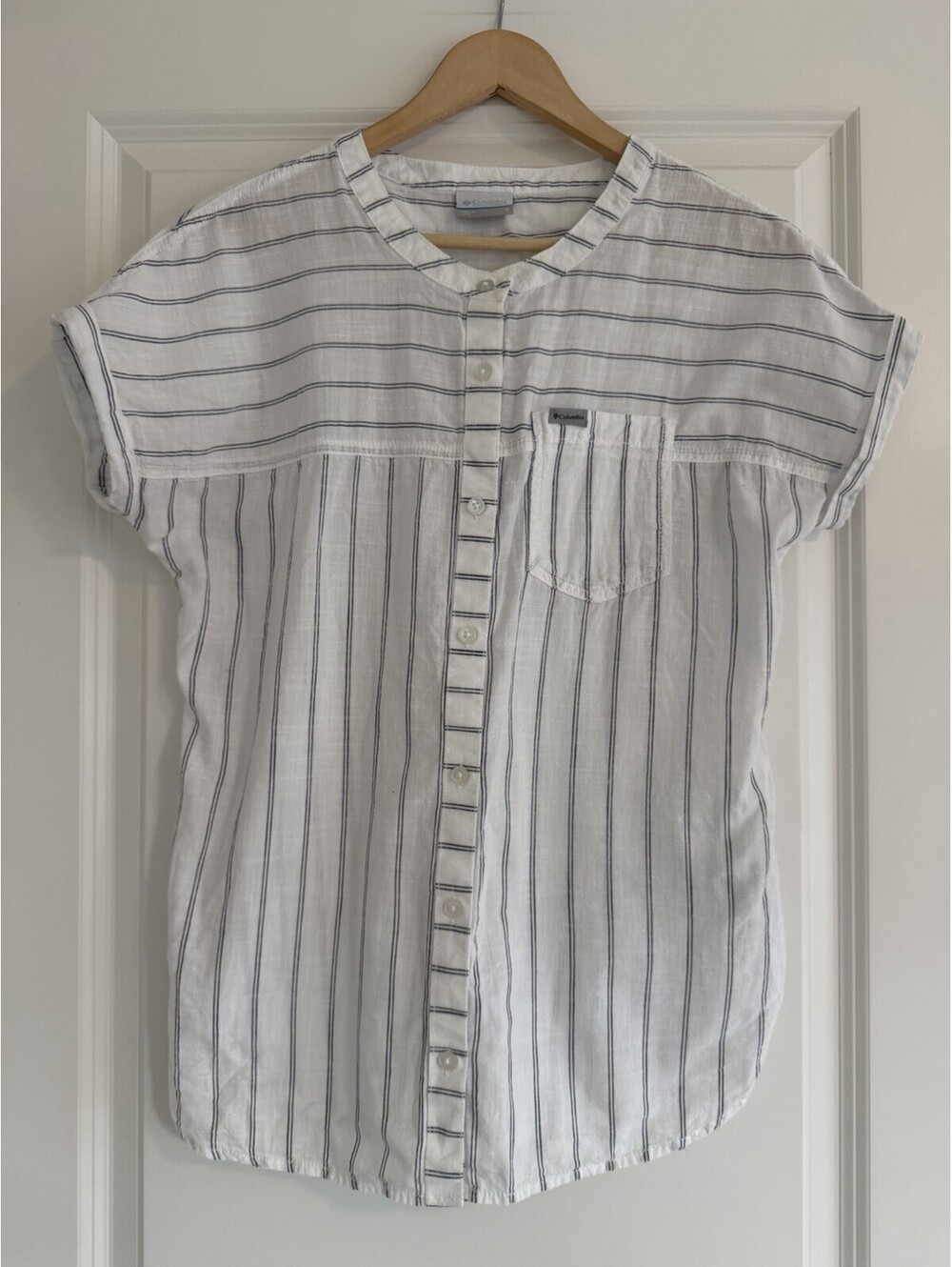 Columbia Women's Button Up Shirt Camp Hadley Short Sleeve White Striped Size S